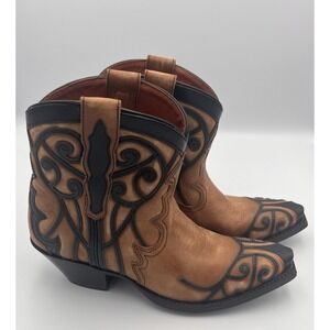 Dan Post Women's Boots 7M Tan Leather Black Overlay Snip Toe Not Bashful